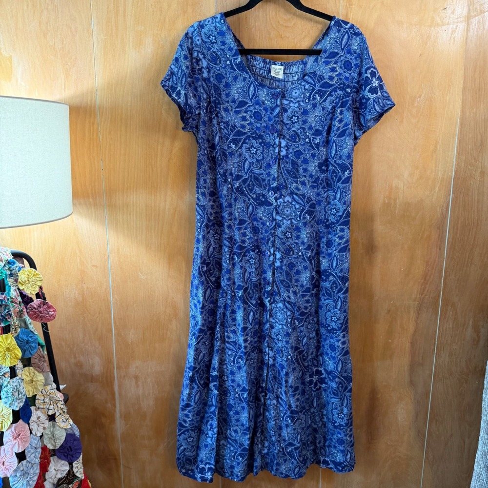 Cottagecore 90s Rayon Button Front Smocked Midi Sundress‎ Medium Petite
